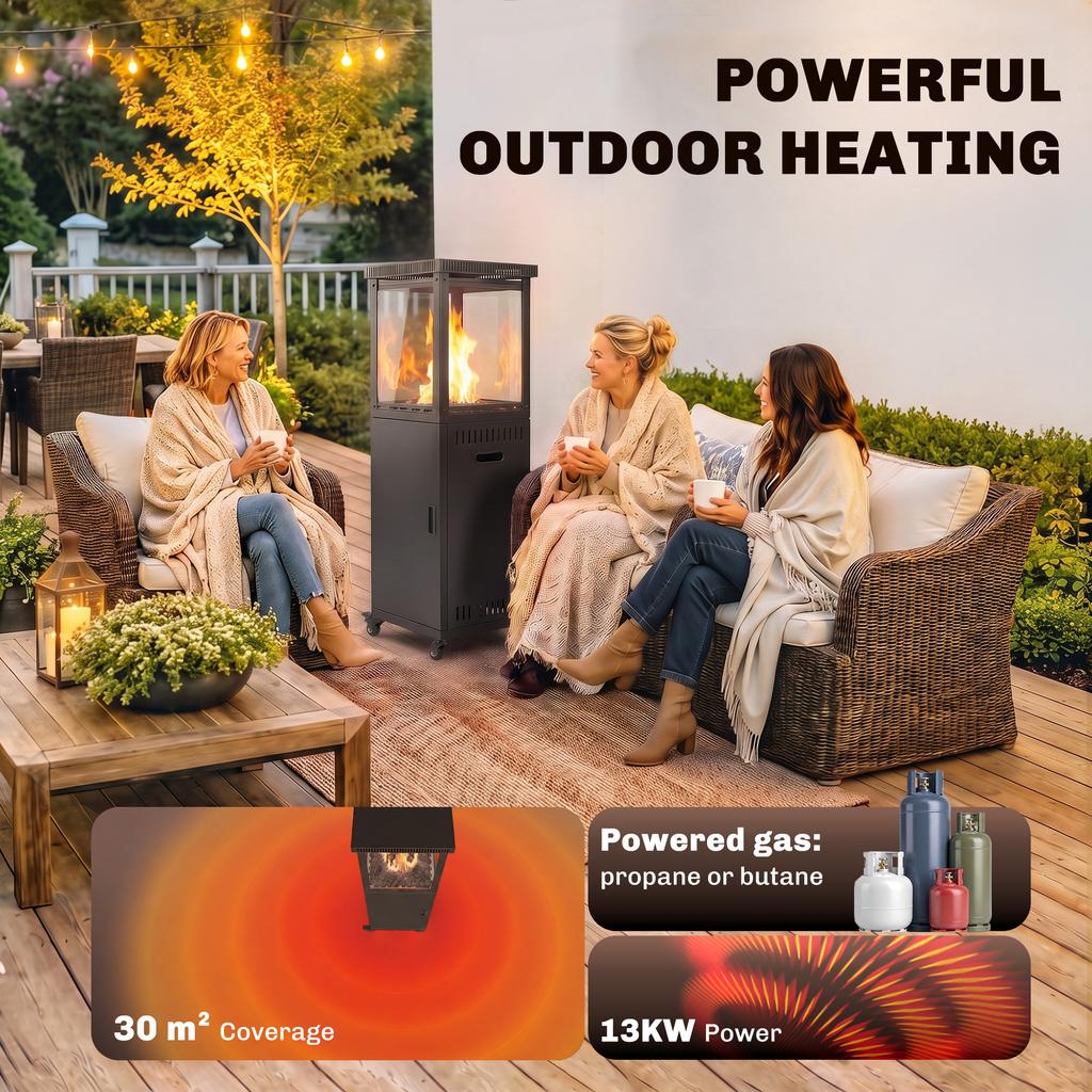 Gas Patio Heater, 13 kW Portable Propane Outdoor Heater with Stepless Heat Control, Tip-over Protection, 4 Wheels, Black