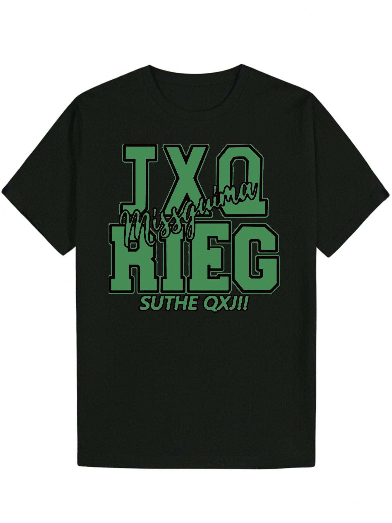 

Short Sleeve T-shirt - Black with Green Letter Graphic Print XXL