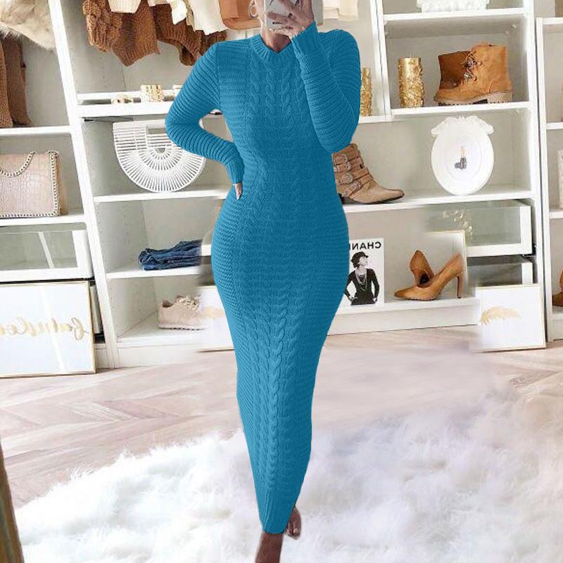 Autumn/Winter Women's Cable Knit Long-Sleeve Wool Dress