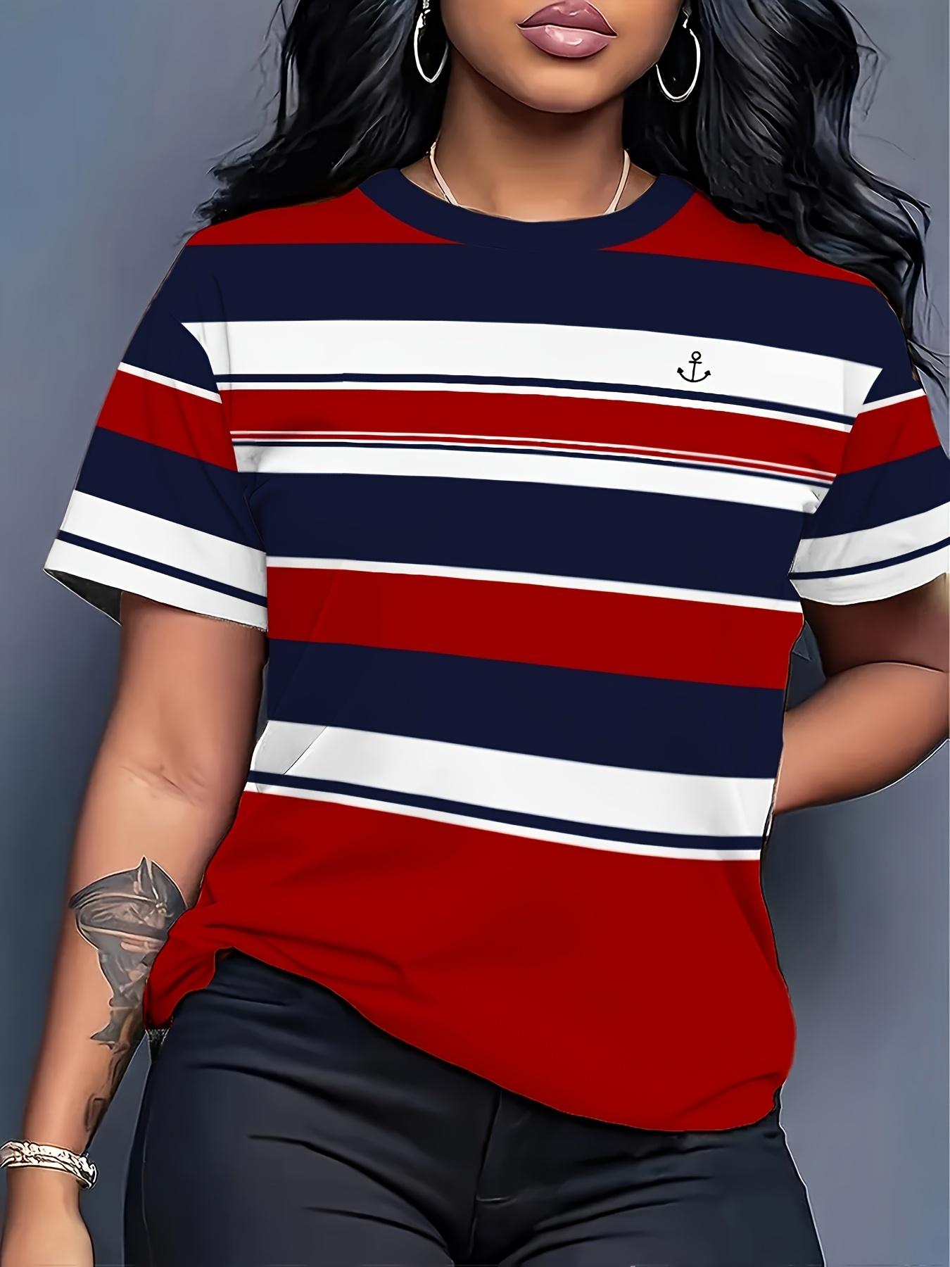 

Women S Nautical Style Striped T-Shirt - Anchor Badge Decoration. Casual Short Sleeve Round Neck Top. Red-White-Blue Striped Design. Suitable for Summ 3XL дубильна кора