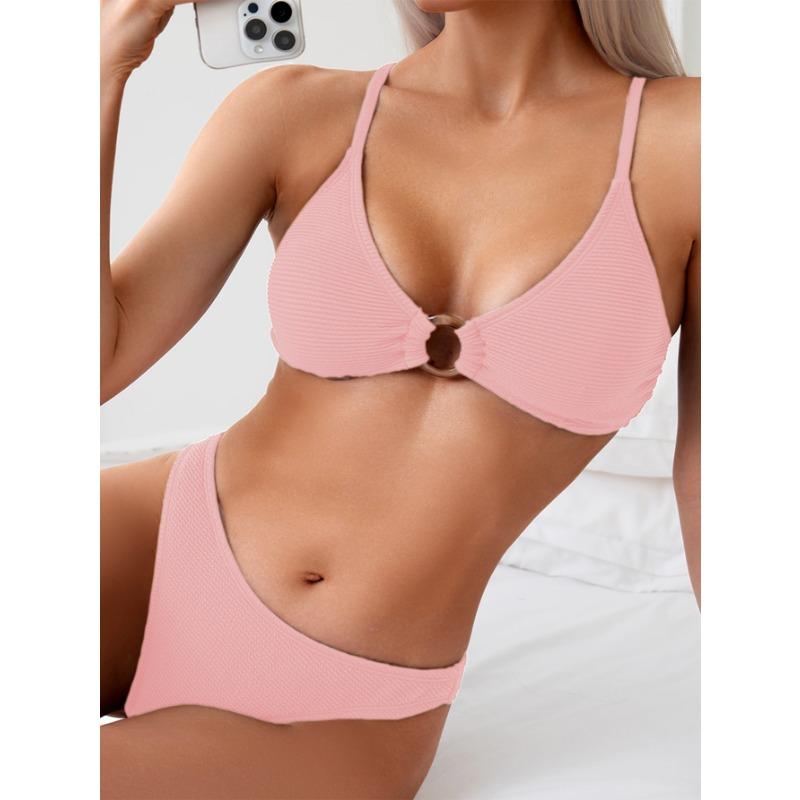 Orange Ribbed O Ring Bikini Set Spaghetti Strap High Cut Two Piece Swimsuit