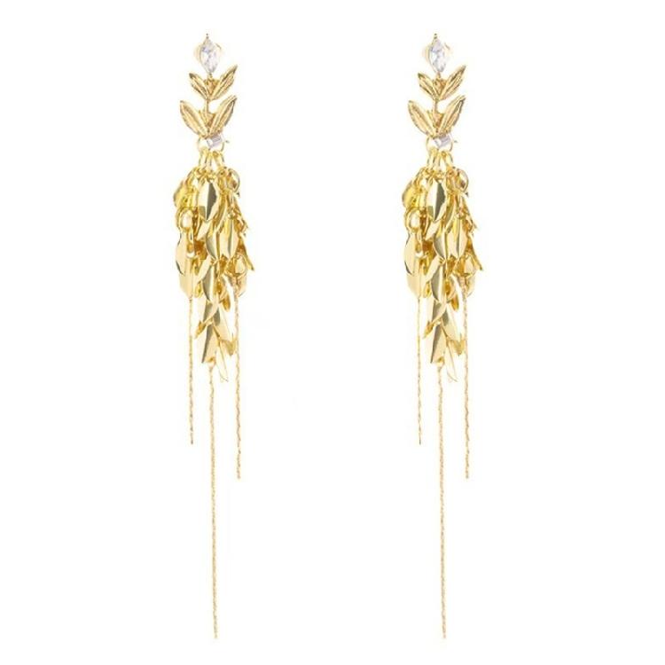 

Sturdy Metal Drop Earrings with Intricate Wheat Designs and Gemstones Detail