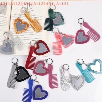 Handmade Fashionable Mini Comb Keychain with Heart Shape Makeup Mirror Creative Keyring Backpack Decoration