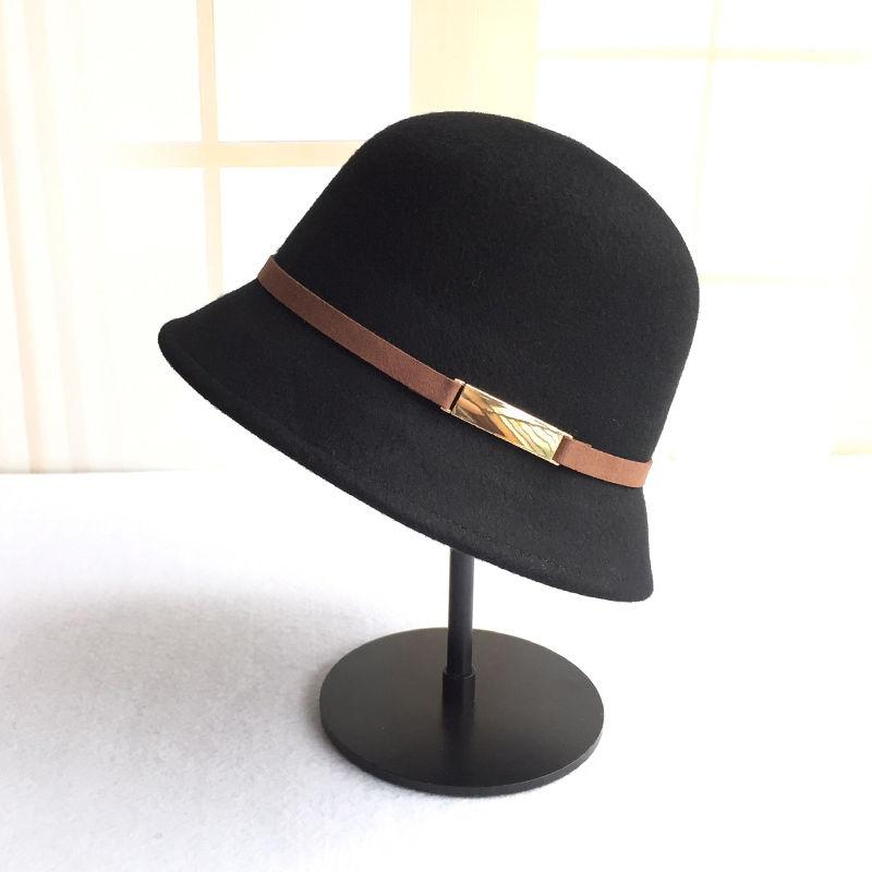 Ladies Wool Top Hat Leather Decoration Fashion Woolen Small Basin Hat Black Hat