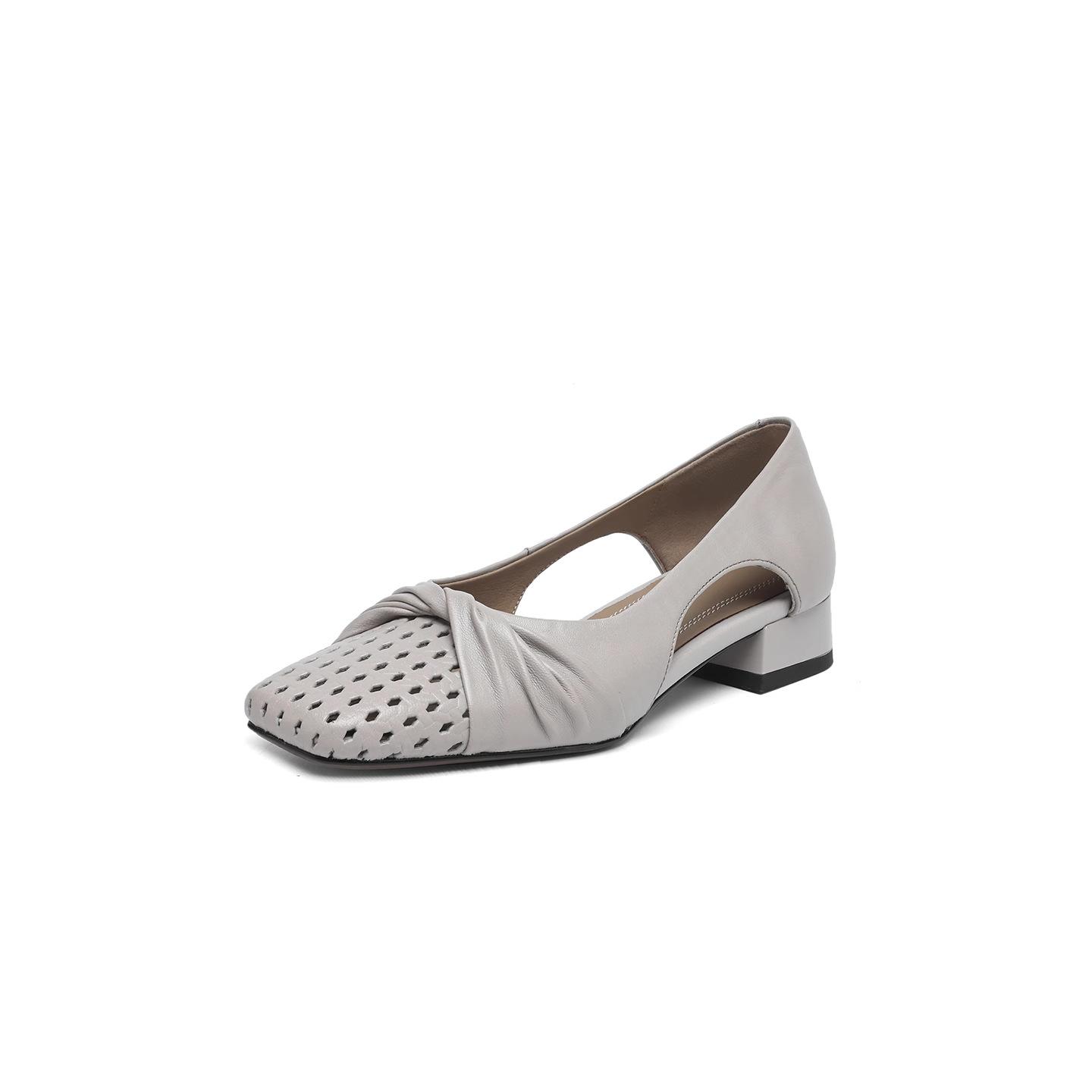 Ruoji французская кожа полые туфли на низком каблуке с мелким вырезом женские 2025 лето новые удобные универсальные дышащие сандалии 35 серый 3770₽