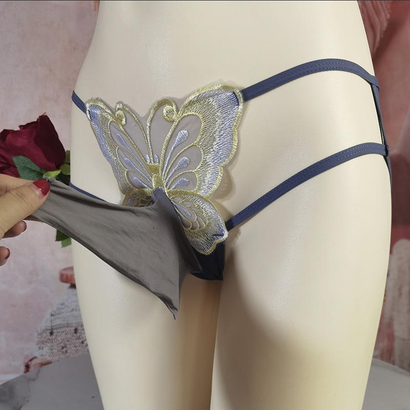 Large Size Sissy Pouch Panties Men Bullet Separation Brief Butterfly Embroidery Transparent Underwear Couple Tranparent Lingerie