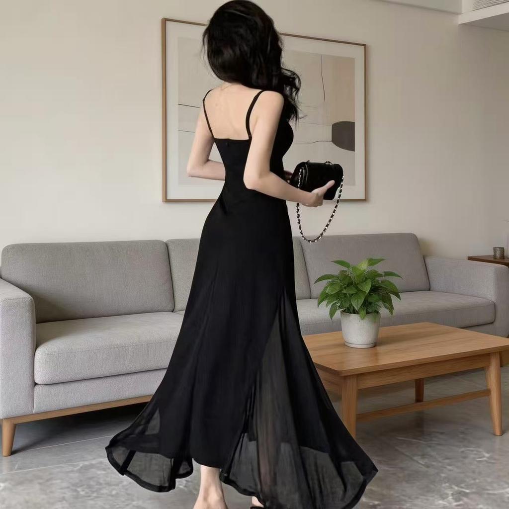Temperament suspender dress French summer new small black dress 2026 mesh slim and thin women's long dress