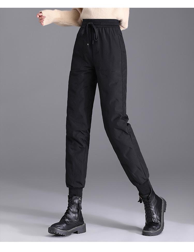 

Женские брюки с высокой талией на белом утином пуху — с манжетами, утолщенные, ветрозащитные, легкие и теплые для зимы. 2XL (110-130 jin)