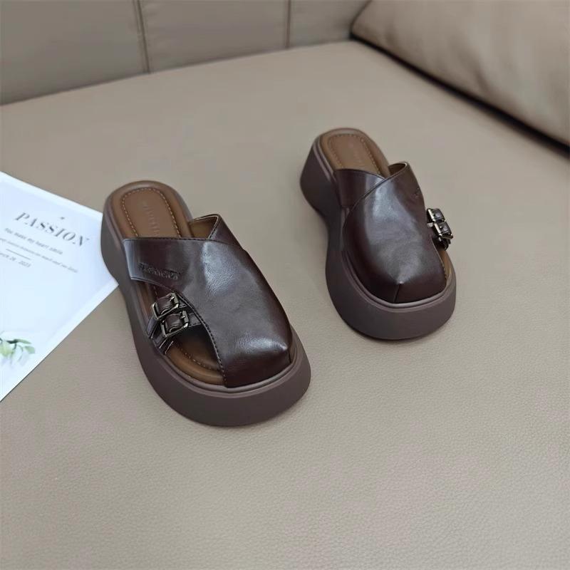Baotou Half Slippers Women's New Leather Big Head Lazy People Wear Slippers Outside Muffin Platform Shoes