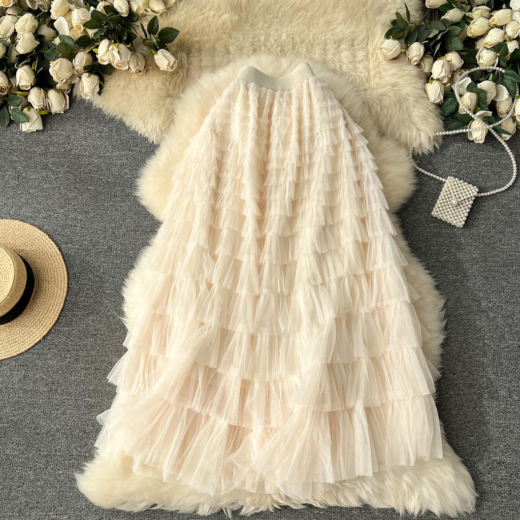 Summer Women Elegant Ruffles Mesh Elstic Waist Long Midi Cake Skirt