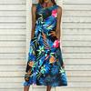 Plus Size Ladies Sleeveless Crew Neck Dress Exotic Palm Floral Printed Flowy Calf Length Outfit
