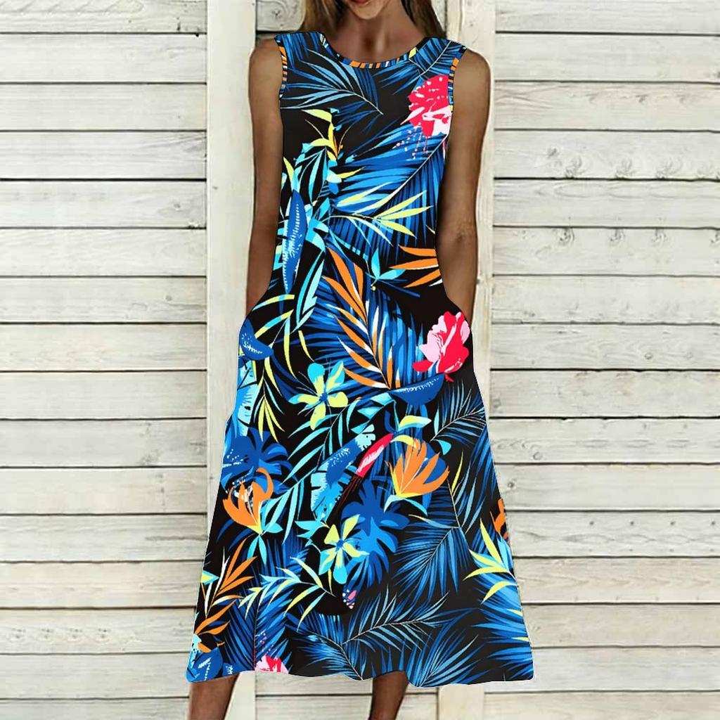 Plus Size Ladies Sleeveless Crew Neck Dress Exotic Palm Floral Printed Flowy Calf Length Outfit