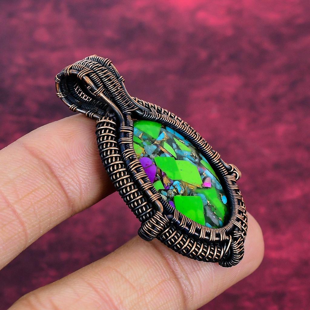 Fiesta Kingman Turquoise Gemstone Pendant Copper Wire Wrapped Handmade Pendant