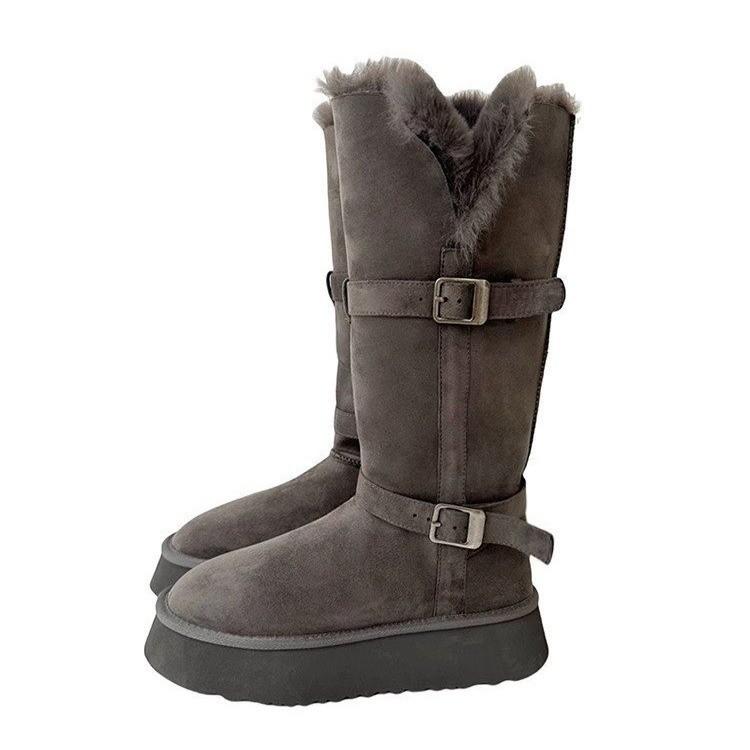 Grey two-wearing thick-soled snow boots for women 2025 winter new heightening thermal and piled thickened long-tube snow cotton shoes
