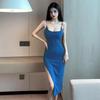 Solid Color Women's Summer 2024 Sexy Slit Strap Dress - Slimming Waist Hip-Hugging Midi Length