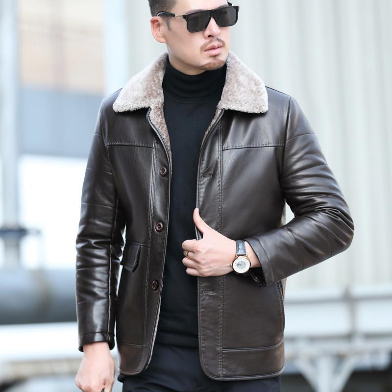 Thickened down jacket winter leather leather jacket men s short middle-aged and elderly men s jacket warm down loose coat m【recommendation 45-57.5kg】