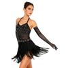 Women's Performance Dance Dress S-XXL: Sheer Mesh & Rhinestone Bodysuit with Tiered Tassel and Long Gloves for Tango
