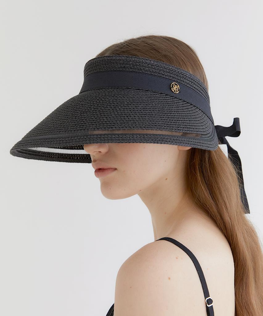 Hallen Mesh Ribbon Logo Pendant Raffia Sun Visor (C008_Black)