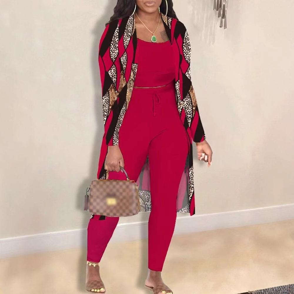 Autumn Winter Women's Printed Coat and Trousers Three-Piece Set