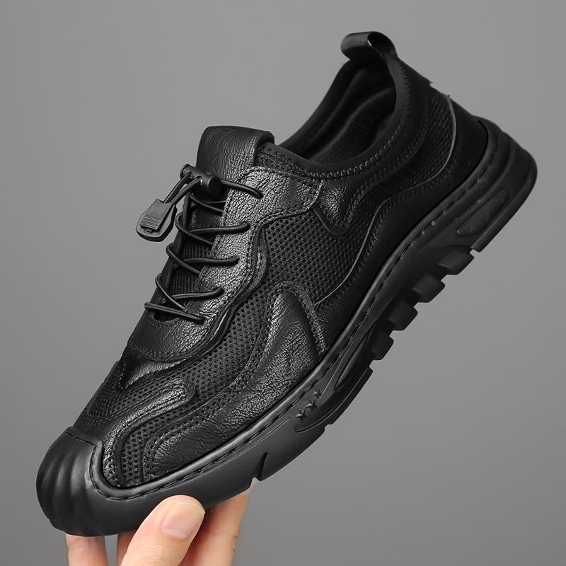 Men s 2025 Summer Breathable Mesh Closed-Toe Genuine Leather Perforated Casual Flat Sole Sandals 40