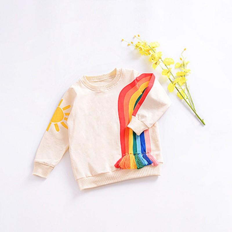 Girls T-shirts Lovely Rainbow Tassel Cartoon Sun Printed Baby Girls Tops Long Sleeve O-Neck Sweatshirts