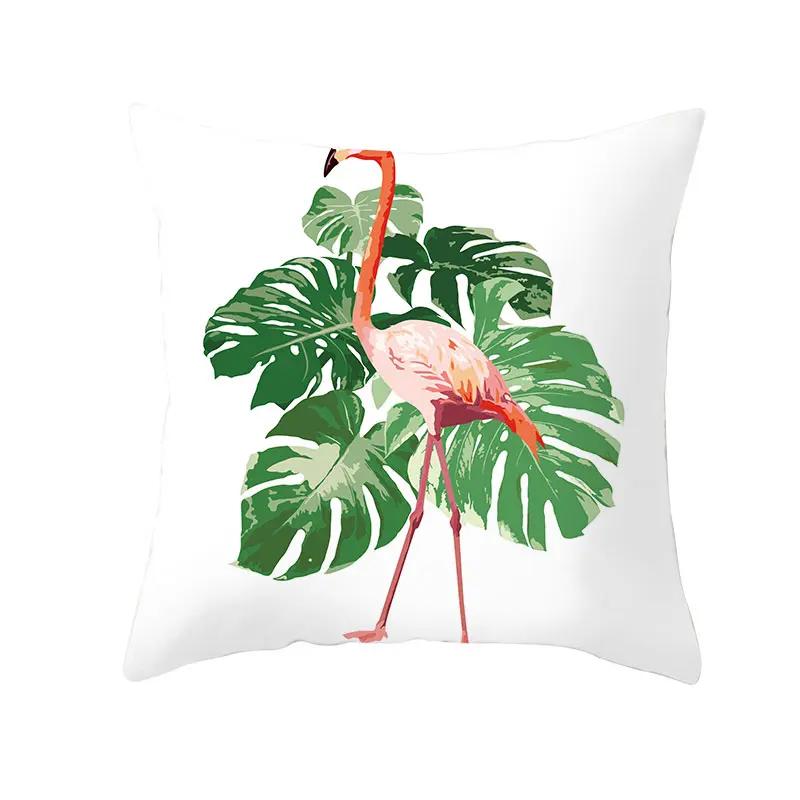 Housse de Coussin Décorative Flamant Rose Plantes Tropicales d'Été Feuilles Vertes Housse de Coussin à Jeter Housse de Coussin Flamant Rose