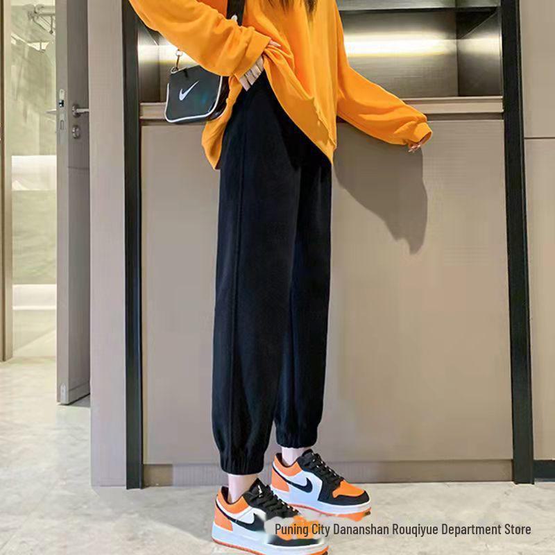 

Женские спортивные штаны-шаровары из плюша из чистого хлопка - свободные манжеты, утягивающие, осень/зима 2024. L [100-110 lbs]