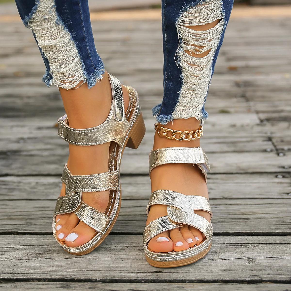 

Босоножки на высоком каблуке для женщин, лето 2024, новые сандалии-гладиаторы с перекрестными ремешками, женские босоножки на платформе и толстом каблуке Sandalias De Mujer 36 серебряный