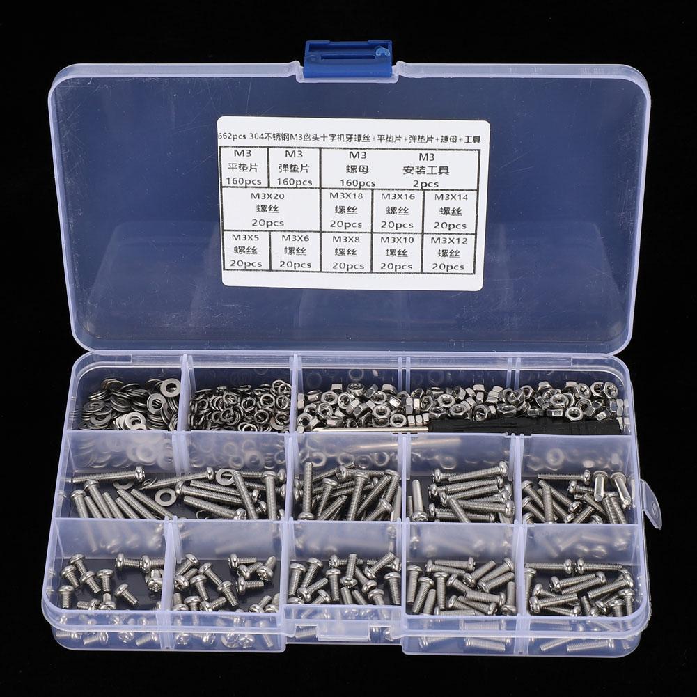 662PCS DIY Combination Set M3 Pan Head Cross Machine Screw+Flat Elastic Washer+Nut