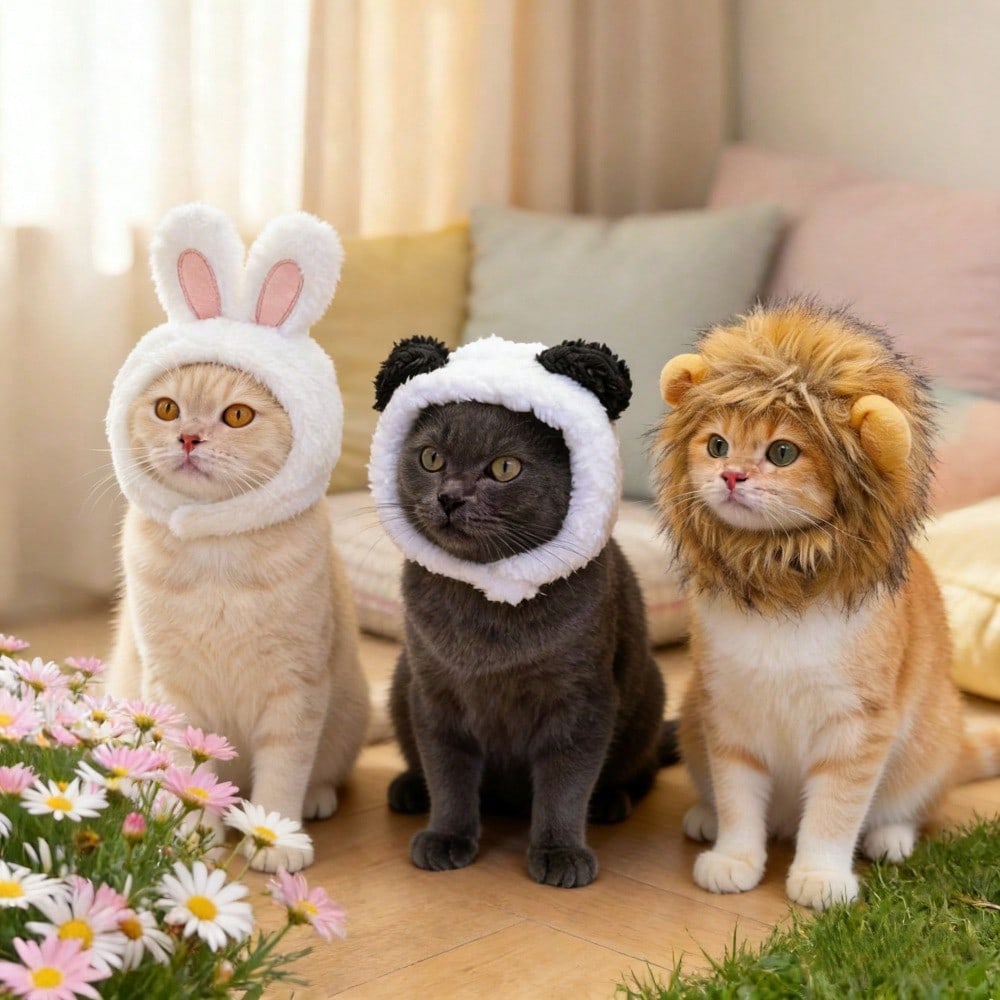 3 Pieces Soft Plush Easter Bunny Bear Lion Cat Hat White Floppy Rabbit Ears with Pink Accents, Adorable Pet Costume Accessory for Cats & Small Animals