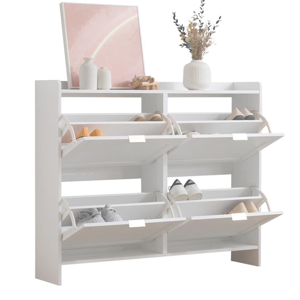 Modern Shoe Cabinet, with 4 Flap Compartments, Open Shelves, for Entrance Area or Hallway, White, Dimensions: W110/H90/D24 cm(OLD SKU:N657P201550W)