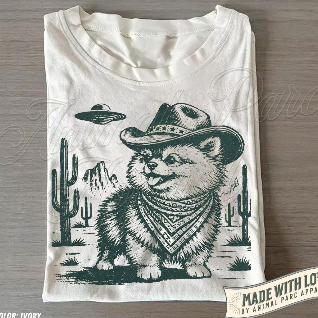 Pomeranian Ufo Cowboy T-Shirt, Vintage Western Pomeranian Graphic Tee, Gift Pomeranian Mom, Funny Dog Shirt, Alien Abduction Tee, Funny Pets