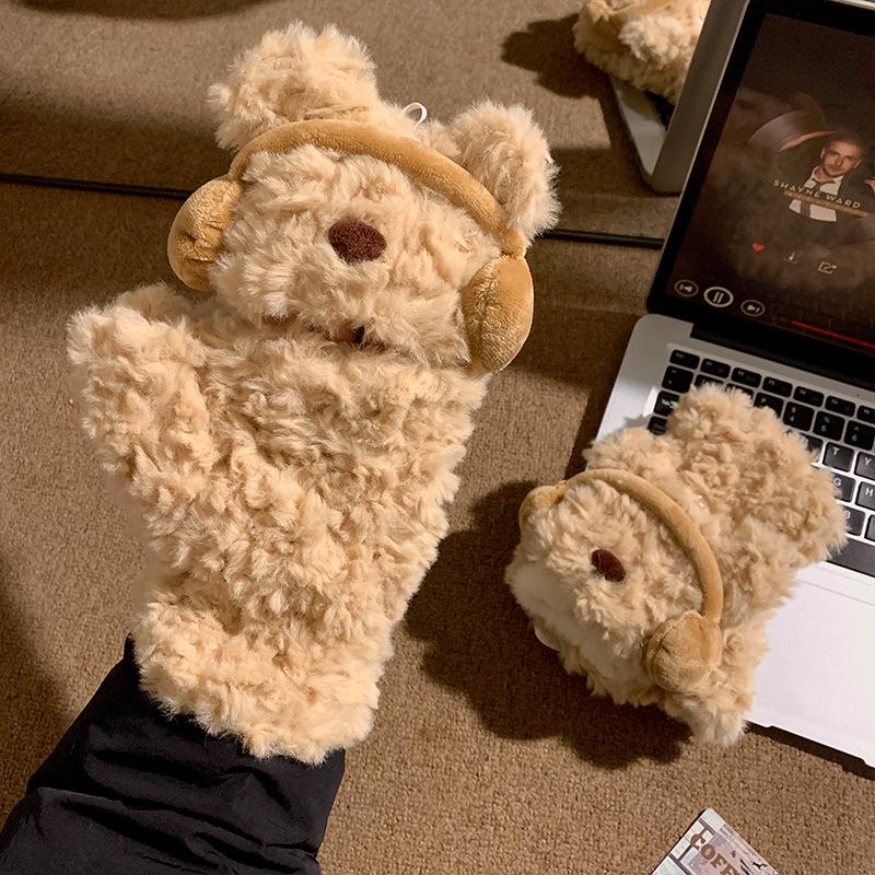 Cute earphones bear plush finger flip gloves women s season thickened warm student writing