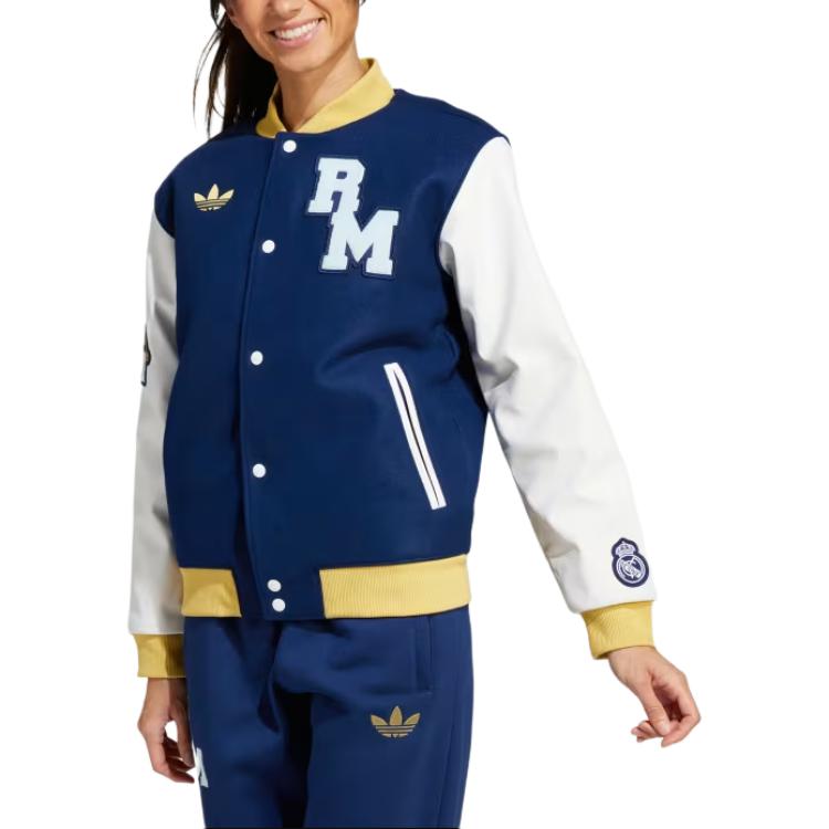 Adidas Originals Real Madrid VRCT Loose Fit Button Front Ribbed Collar Embroidered Crest Long Sleeve Jacket Unisex Team Navy Blue 2 JF2589