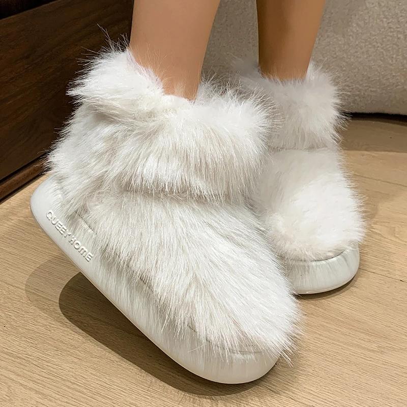 Fashion Fashion White Thick Plush Snow Boots Women Platform Fluffy Faux Fur Winter Boots Woman Comfort Slip On Warm Cotton Padded Shoes