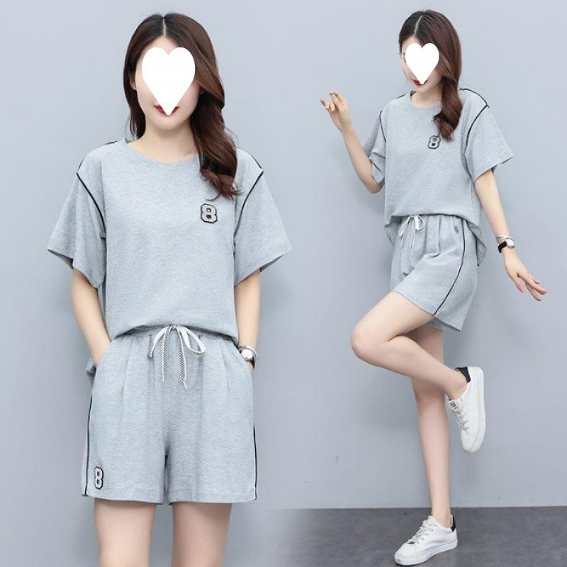 Short-sleeved Shorts Loose Suit Women's Summer Solid Color Round Neck Slim Sweatshirt Running Two-piece Set