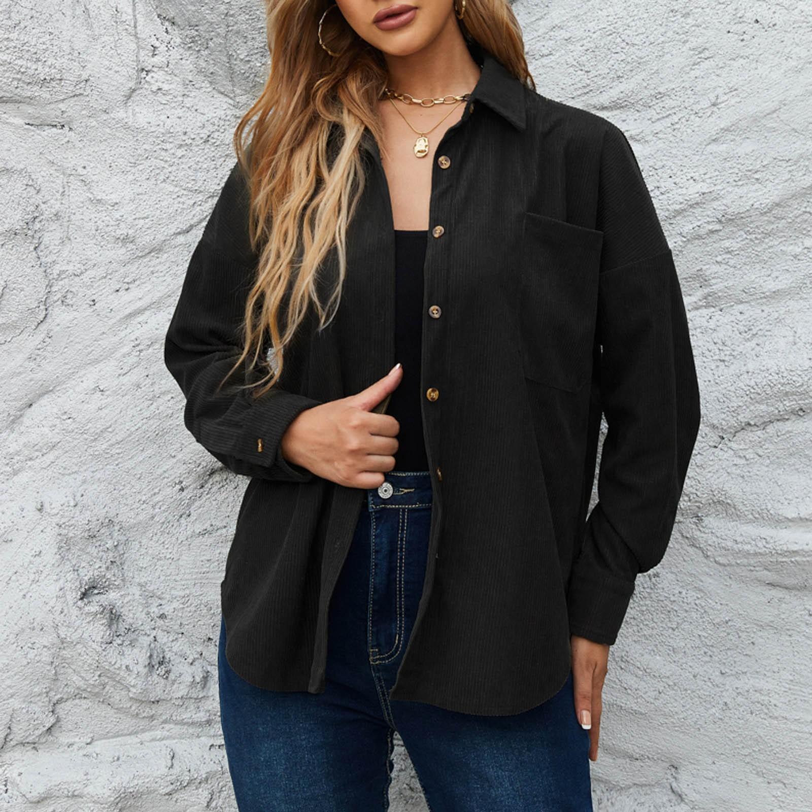 

Женская мода повседневная вельветовая свободная куртка пальто однотонная рубашка S чёрный