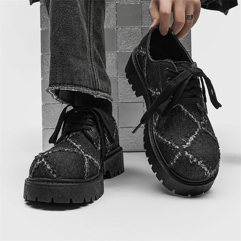 New men's washed denim casual big head leather shoes niche low-top heightening men's shoes
