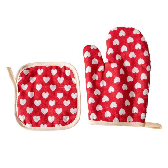 Thickened Cotton Oven Mitts with Heart Print Heat-Resistant Baking Gloves for Microwave Grill & Cooking Non-Slip Breathable Kitchen Essential