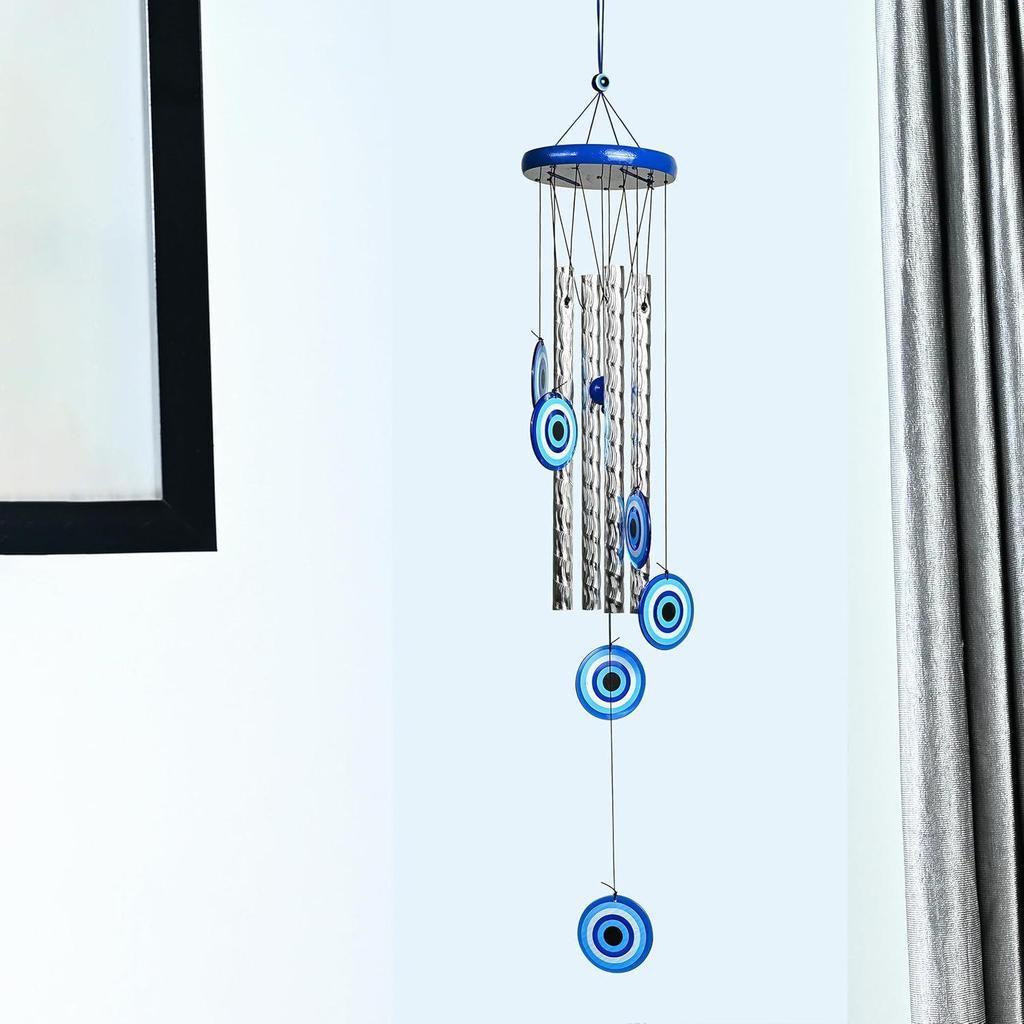 Evil Eye Wind Chimes for Home and Garden – Hanging Decoration Items Housewarming Gifts Room Décor for Living Room and Bedroom, 4 Silver Pipe