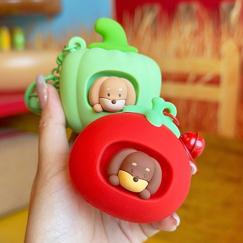 Tomato Green Pepper Dachshund Silicone Keychain With Playful Design Squeezable