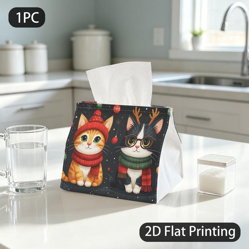 1pc Tissue Box, Whimsical/Christmas Cats/Warm Festive Pattern, 2D Flat Printing, Crafted with Strong Polyester, Strong And Firm, Tissue Holder, for Ve