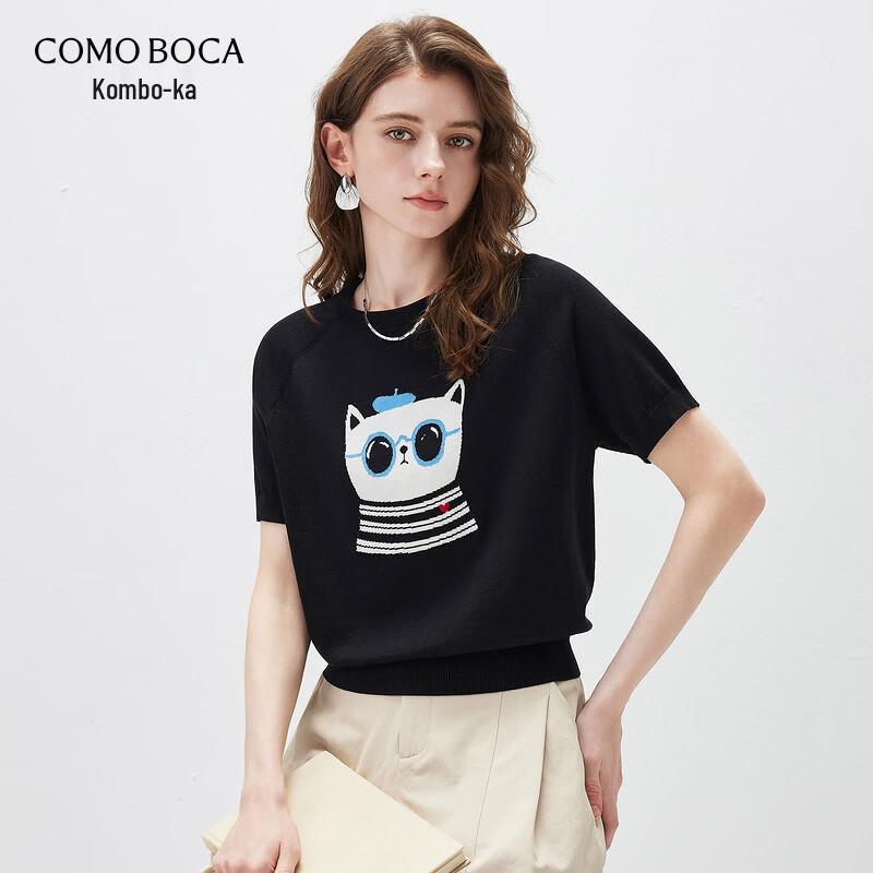 Kemengboka Women s Mulberry Silk Blend Cartoon Cat Knit T-Shirt XL