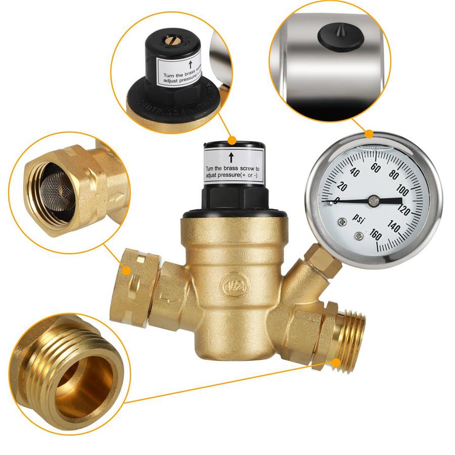 M11-0660R 3/4 "Water Pressure Regulator Valve Brass Lead-Free Adjustable Water Pressure Reducer with Gauge for RV Camper, and Inlet Screened Filter