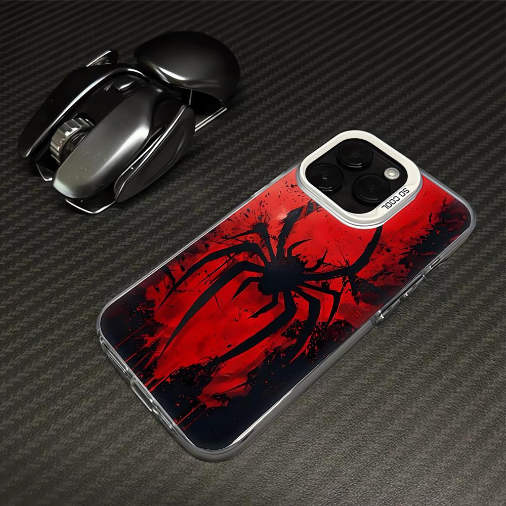 Trendy Retro Black Red Spider Pattern Phone Case for iPhone 16e Pro Max 15 14 13 12 11 Fashionable Phone Shock Absorber Cover