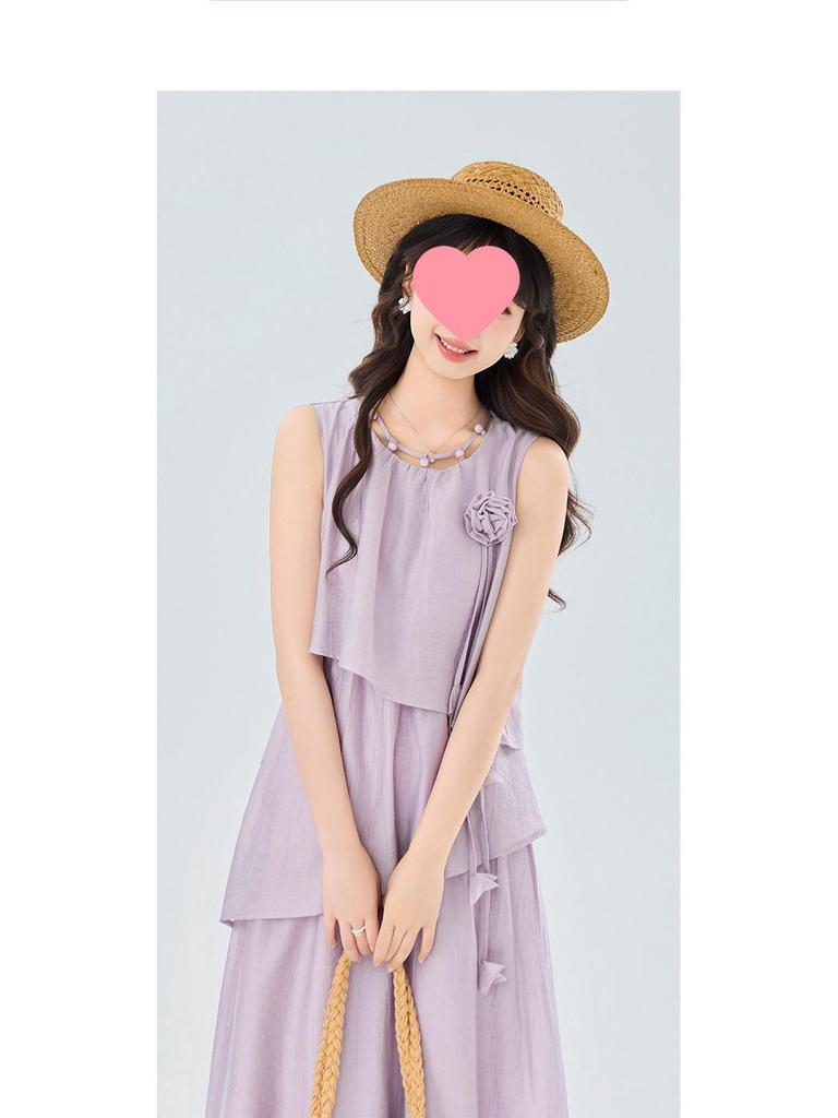 Women's 2025 Summer French Sleeveless Vest Cake Dress - Petite Holiday A-line Skirt, Loose Fit