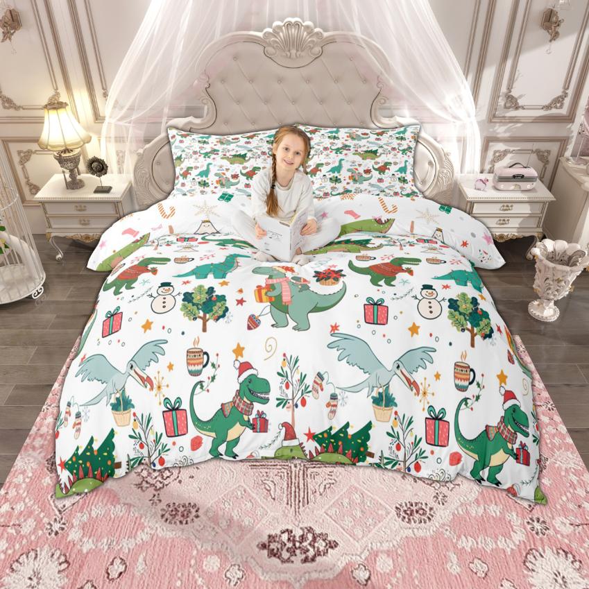 Homewish Kids Merry Christmas Duvet Cover Set, Cute Snowman Santa Claus Bedding, Tree Quilt Cover Set