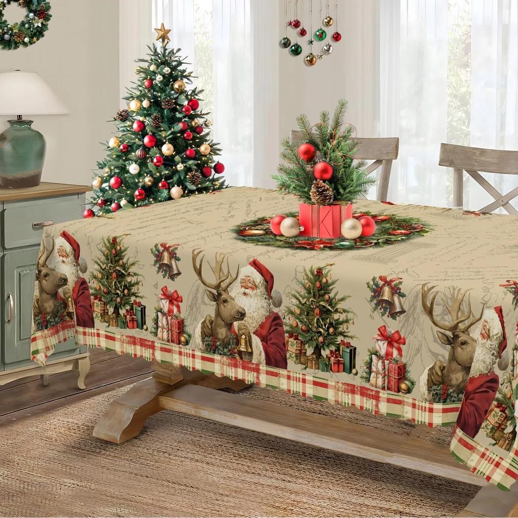 Christmas Tablecloth Digital Print - Winter Snowman Reindeer Xmas Tree Dining Table Festival Decor Table Cover