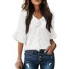 Spring Summer Women's Ruffle Trim V Neck Blouse 3/4 Bell Sleeve Casual Ruched Flowy Top
