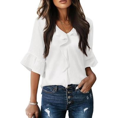 Blusa Feminina Verão Primavera com Babados Decote V Manga Sino 3/4 Casual Franzido Fluido